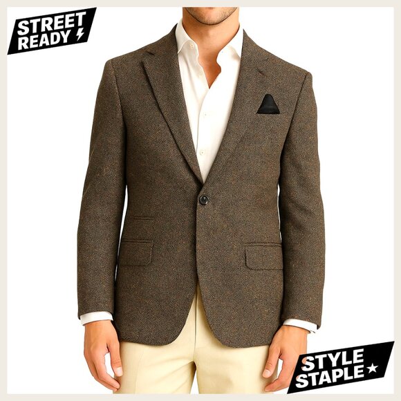 Slim Fit Herringbone Blazer One Button Business Casual Sport Coat
